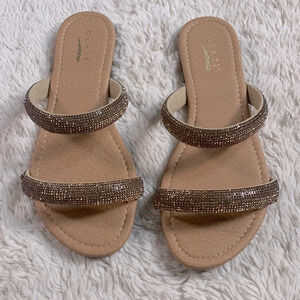 Glaze honey gold copper rhinestone two strap rhinestone flat sandals size 9